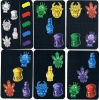 Lewa górna to karta pomocy z 5 symbolami i 5 kolorami. Jak szybko potraficie zidentyfikować czego brakuje na przedstawionych kartach?